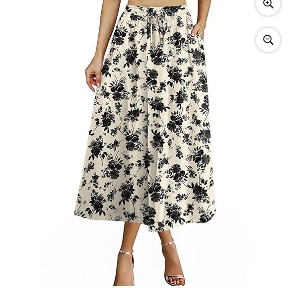 Black & Cream Floral Pattern Midi Skirt M - Picture 8 of 9